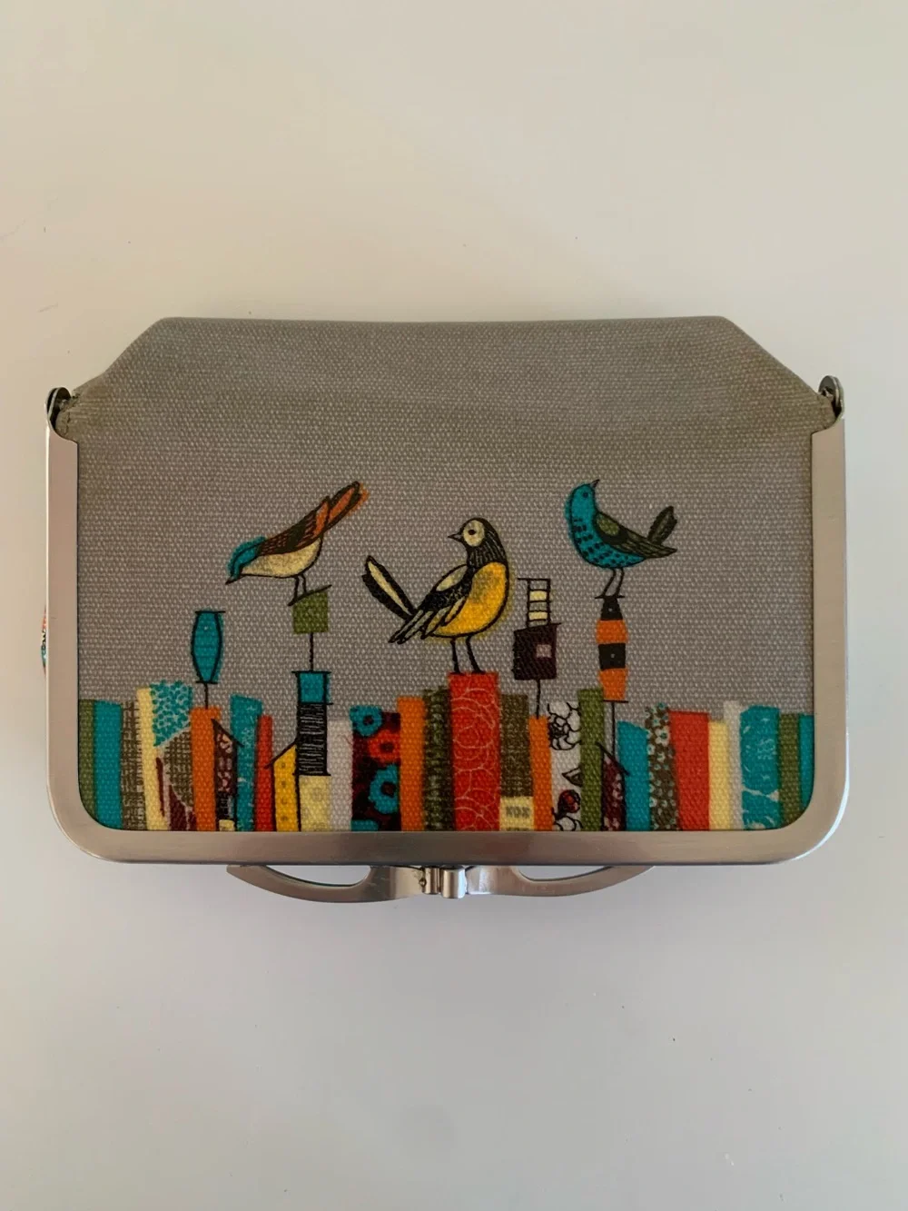 Birds on Books Pattern Canvas Makeup Purse - Gray with Teal & Yellow Accents